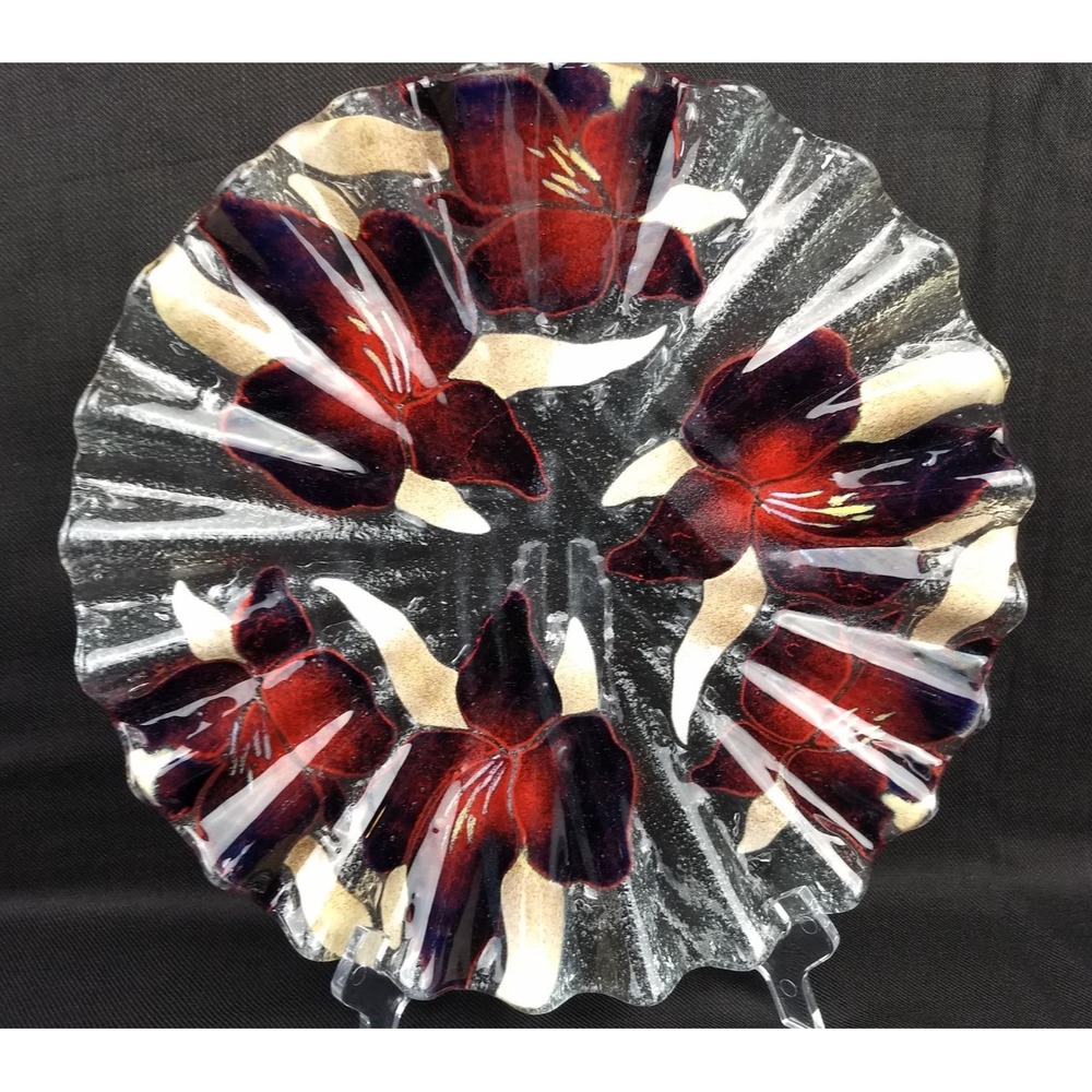 Sydenstricker Art Glass Ruffled Plate Elephant Ear Orchid Purple Red Wavy Signed